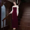 Vestido de Terciopelo Borgoña para Tostada de Novia, Vestido Largo de un Solo Hombro para Banquete de Agradecimiento, Vestido Sexy Ajustado con Abertura