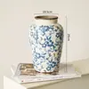 Jarrón de Porcelana Azul y Blanco, Cerámica Estilo Chino Vintage de Pie, Pieza Decorativa de Alta Gama para Sala de Estar, Arreglo Floral Clásico de Alta Gama