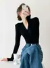 Top Básico de Cuello en V Ajustado para Mujer, Ropa Interior de Punto Otoño/Invierno, Camiseta Negra de Manga Larga que Ceñe la Cintura, Top Versátil y Adelgazante, Para el Trabajo