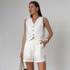 Conjunto Sencillo de Color Sólido sin Mangas con Cuello en V de Algodón y Lino Estilo Francés 2026 Nuevo Primavera/Verano Conjunto de Dos Piezas de Cintura Alta de Nicho Transfronterizo para Mujer