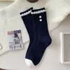 Calcetines sin costuras estilo universitario azul marino serie Miu "Calcetines de media caña con lazo para mujer, Nuevos accesorios de Otoño e Invierno, Calcetines con volantes de encaje"