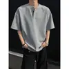 Nuevo Producto de Verano para Hombre Estilo Waffle Estilo Americano Diseño de Botonadura Única Camiseta de Manga Corta con Cuello Redondo Henry para Hombres y Mujeres