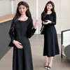 Ropa de maternidad para primavera y otoño, nuevo vestido negro de manga larga con botones, disimula el vientre y es adelgazante, vestido de línea A de longitud media, soporta el vientre sin apretar
