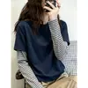 Camiseta de Manga Larga para Mujer Estilo Retro Americano Falso Dos Piezas Bloque de Color Algodón Puro Otoño Versátil Reductora de Edad Elegante Chic Moda Top
