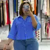 Ropa de Mujer Transfronteriza Europea y Americana Moda Nueva Verano 2026 Elegante Corte Holgado Diseño de Solapa Camisa Rayada Corta para Mujer