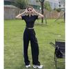 Ropa Deportiva de Verano de Manga Corta Pantalones de Pierna Ancha Conjunto de Dos Piezas para Correr a la Moda Negro Adelgazante Traje Deportivo Casual para Mujer