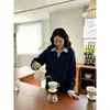 Suéter Tricô Chic Coreano Gola V Patchwork Tricô Falso Peça Dupla