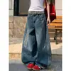 Jeans Scimitar Lavados Desestructurados Talla Plus para Mujer, Estilo Callejero Otoño e Invierno, Pantalones Anchos Holgados de Patchwork Rayado