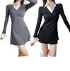 Vestido de camisa de manga comprida falso preto e cinza de duas peças feminino 2024 primavera e verão saia de malha com fundo fino
