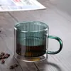 Xícara Pequena com Alça, Listrada Verticalmente e de Camada Dupla, Xícara de Café de Vidro Borossilicato Alto com Revestimento Interno de Vidro Colorido, Copo de Vidro de Camada Dupla
