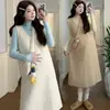 Vestido Suéter de Lã Doce Coreano, Para Usar na Gravidez, Bolsa Camada, Look Emagrecedor Outono e Inverno Novo Conjunto Maternidade