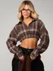 Camisa Corta de Cuadros Cepillados de Venta Caliente Europea y Americana Solapa Cintura Elástica Acortada Manga Larga Estilo Streetwear Chica Picante Camisa Versátil