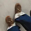 Sapatos Quentes de Couro de Vaca com Lã e Algodão para Mulheres, Sapatos Boken Retrô, Novos Sapatos Rasos com Cadarço de Bico Redondo em Couro Genuíno com Contas
