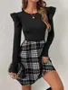 Ropa popular transfronteriza para mujer europea y americana: Vestido de línea A a cuadros blanco y negro, retazos, manga acampanada con volantes, estilo retro francés, para primavera y otoño