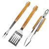 Conjunto de Utensílios para Churrasco em Aço Inoxidável, Garfo, Espátula e Pinça para Churrasqueira, Acampamento ao Ar Livre, Conjunto Combinado de Ferramentas Multifuncionais para Churrasco com Cabos de Madeira