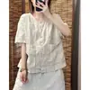 Outono Verão Artístico Retrô Estilo Simples Algodão Linho Manga Curta Camisa Top Novo Design de Bolso Cardigã Solto Emagrecedor Feminino