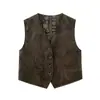 Novidade para o Outono 03/08 Colete Curto Vintage de Camurça para Mulheres, Gola V Sem Mangas Peça de Sobrepor em Camadas F1078