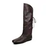 Versão em Couro de Vaca Aumento Interno 4cm Cadarço nas Costas Botas de Cavaleiro Bico Quadrado Panturrilha Larga Botas Amassadas Fashionáveis Versáteis Emagrecedoras Botas Longas