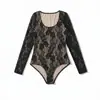 Body de encaje transparente estilo Deseo Puro para mujer, estilo europeo y americano, nueva llegada transfronteriza, manga larga, sexy, hueco, ajustado, camiseta base