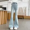 Ropa para niñas Zhili, jeans largos estilo coreano de otoño con corazones bordados, pantalones acampanados elegantes para niños mayores, pantalones largos hasta el suelo