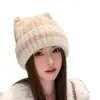 Gorro de punto a rayas estilo coreano con orejas de gato para mujer, para otoño e invierno, cálido y protege los oídos, hace que la cara se vea más pequeña, gorro versátil para clima frío, transfronterizo