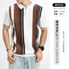 Camisa Polo de Malha Ice Silk com Sensação de Gelo para Homens, Manga Curta, Gola de Lapela, Meio Zíper, Listras Verticais, Estilo Business, Roupa Masculina de Alta Qualidade