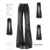Calça jeans feminina preto-cinza antiaderente nas pernas, levemente alargada, novo estilo primavera e outono, cintura alta, modeladora, solta, comprimento total, elástica, calça flare