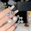 Brincos de Pérola Gema Brilhante Lágrimas de Sereia Versa Flor de Contas Zircônia Banhado a Ouro Branco 18K do Taiti