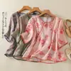 Camisa Pulóver Delgada de Verano con Solapa Bordada para Mujer Estilo Étnico Estampado Artístico Holgada Versátil Top de Cinco Mangas para Mujer