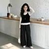 Conjunto de Tres Piezas de Encaje con Puntos para Niñas Otoño Nuevo Estilo Estampado Completo Puntos Redondos Camisola Base de Encaje Conjunto para Niños Medianos y Grandes