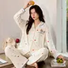 Algodón Puro Manga Larga Pantalón Largo Otoño Ropa de Dormir Cardigan con Solapa Gato Pequeño Lazo Todo Algodón Ropa para Casa Conjunto de Dos Piezas Se Puede Usar Afuera
