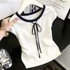 Camiseta de algodón de verano al por mayor para mujer petite, cuello redondo, manga corta, 210g, 40 hilos, con pajarita, corte ajustado