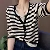 Top Chaqueta de Punto Fina de Lana Falsa Dos Piezas Abierto a Mitad Cuello Ajustado Ajustado Estilo Coreano Simple Botonado Rayado Ropa de Mujer