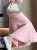Saia Tricotada Estilo Chanel com Franjas e Borda de Pele Feminina Outono Senso de Design Comprimento Médio Ajustada Cintura Alta Quadril Cauda de Peixe