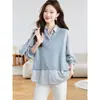Camisa Falsa de Dos Piezas Tejido Patchwork para Mujer Otoño 2026 Nuevo Diseño Súper Popular Reductor de Edad Manga Larga Top Corto