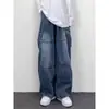 Macacão Jeans Wide Leg Masculino e Feminino 2024 Estilo Hong Kong Masculino Solto Oversize Bolso Grande Calças Street Retro