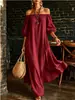 Vestido longo de um ombro, estilo europeu e americano, com manga bufante texturizada, cor sólida, para mulheres, modelagem solta, barra larga, drapeado para praia de férias