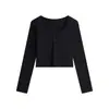Top de manga larga estilo retro americano para mujer con cuello redondo grande, cierre de media botonadura, diseño básico simple, elástico, corte ajustado, camisa de color liso