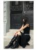 Botas Cavaleiras de Salto Grosso Pontudas para Meninas Quentes Estilo Punk Preto Personalidade de Nicho Botas Longas Retrô Botas Estilo Deserto Americano Femininas