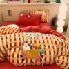 Bordado de Caballo Lindo Pequeño Algodón Puro Engrosado Cepillado Otoño e Invierno Estilo Dibujos Animados Edición de Año Nuevo Juego de Cama de Cuatro Piezas