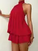Vestido de color liso versátil, ajustado, de moda, sexy, sin espalda, cuello halter, con cinturón, para vacaciones transfronterizas europeas y americanas