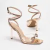 Zapatos de Tacón Alto de Moda de Verano con Pedrería y Correa al Tobillo, Cómodos, Transpirables, Elegantes, de Lujo Ligero para Mujer, Sandalias de Tacón de Aguja con Punta Cuadrada