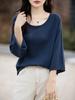 Camiseta de Punto Calada de Algodón Puro de Manga Tres Cuartos de Verano para Mujer, Camiseta de Manga Tres Cuartos Talla Grande para Mujer