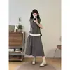 Roupas Femininas Plus Size para Meninas Gordinhas, Top Casual de Verão Color Block Falso Duas Peças, Saia Casual, Conjunto de Duas Peças Estilo Workwear