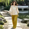 Conjunto de duas peças de seda com mangas médias e calças pantalona, com qualidade garantida, para mulheres de meia-idade, novo estilo chinês, outono