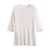 Nova Coleção Primavera e Verão Camiseta Redonda de Seda de Amora com Mangas 3/4, Suéter de Malha Dupla Face, Top Feminino, Camiseta de Base