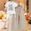 2026 Nova Moda Feminina Simples Personalidade Carta Manga Curta Ombro Único Camiseta Calça de Perna Larga Casual Conjunto de Duas Peças