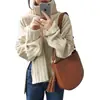 Suéter Pulóver de Punto Acanalado de Cuello Alto Holgado Versátil Estilo Coreano Nuevo para Mujer con Abertura Grande en Color Albaricoque