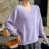 Colección nueva 2026 transfronteriza: suéter de lana cepillada de cuello en V de alta gama, corte holgado, suéter de punto para mujer, capa base de cachemir cepillado