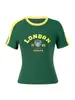 Nueva Camiseta Casual de Manga Corta con Bloques de Color Estampada Raglán para Mujer, Cuello Redondo con Letras de Fútbol, Ajuste Ceñido, Corta